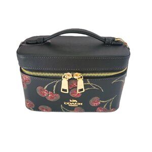 Coach CDC13 Cherry Print Smooth Leather Cosmetic Travel Case Black Multi Makeup